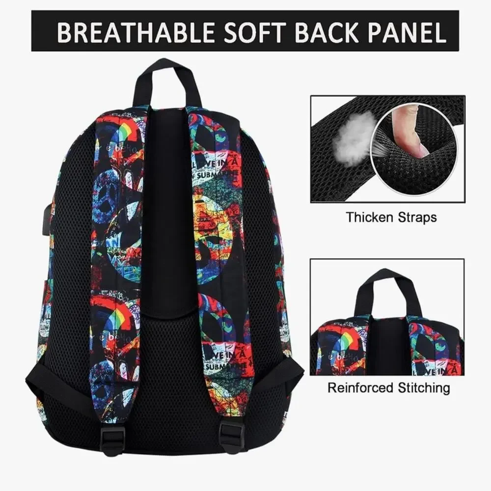 NWOT Laptop Backpack School USB Charging Port, Lightweight, Peace Graphic Unisex